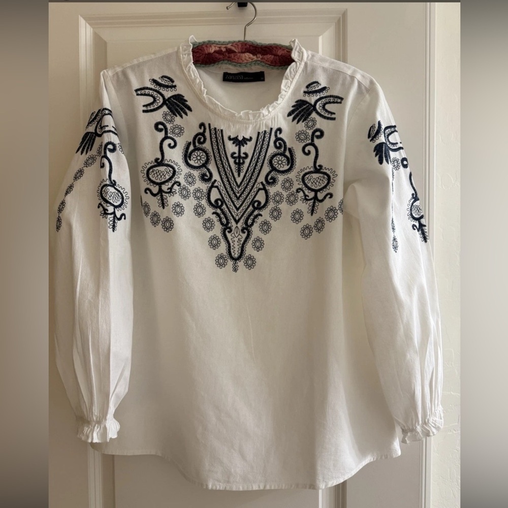 Zanzea embroidered ruffle neck long puff sleeve peasant top